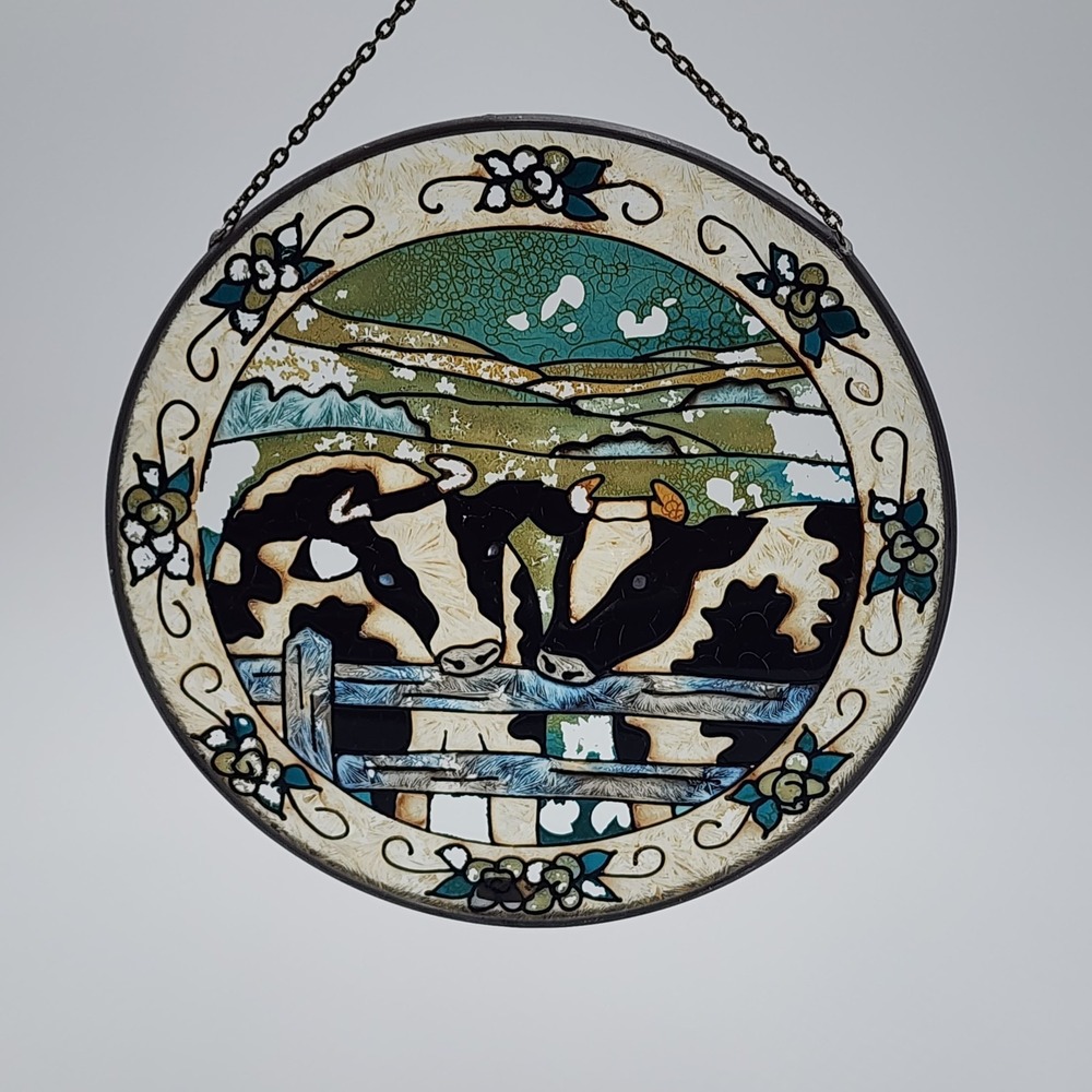 Vintage 1990 Joan Baker Designs Cow Suncatcher Hanging Art Round Panel 6.5"